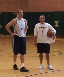 Robbie Hummel stands with Pacers coach Frank Vogel after a workout at Bankers Life Fieldhouse this past summer. Photo by Cliff Brunt.