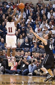 Yogi Ferrell shoots against Butler. He will be a key player next year if the Hoosiers want to maintain their momentum.