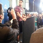 Manti Te'o talks at the NFL Combine. Photo by Cliff Brunt.