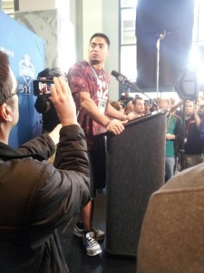 Manti Te'o talks at the NFL Combine. Photo by Cliff Brunt.