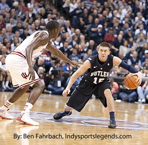 Indiana's Victor Oladipo, shown here guarding Butler's Rotnei Clarke, is probably finished as a Hoosier. Photo by Ben Fahrbach.