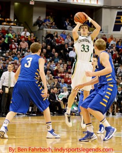Indiana recruit Collin Hartman of Cathedral shoots in the Class 4A state title game against Carmel. Photo by Ben Fahrbach.