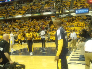 The Pacers warm up before their win over the Miami Heat.