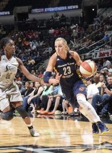 Fever guard Katie Douglas (No. 23) missed most of last season with a bulging disc in her back. Photo from the Indiana Fever.