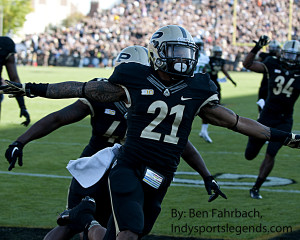 Purdue cornerback Ricardo Allen celebrates his interception return for a touchdown against Marshall last season.