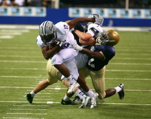 Ben Davis' Chris Evans (12), shown here against Cathedral, has become the star of his team's offense as a sophomore. Photo by Cory Seward.