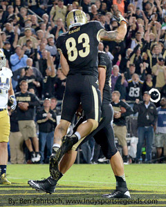 Purdue's B.J. Knauf (83) celebrates scoring a touchdown against Notre Dame.