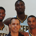 Paul George, Frank Vogel, Roy Hibbert and George Hill (left to right) are ready for the season. (Photo by Chris Goff.)