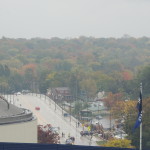 The skies over Michigan Stadium were often cloudy and periodically rainy early in the game. (Photo by Chris Goff.)