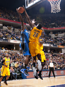 Orlando rookie Victor Oladipo gets his shot blocked by Indiana's Ian Mahinmi. Jessica Hoffman/Pacers 