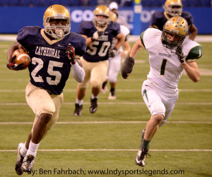 Cathedral's Terry McLaurin takes off for one of his three touchdowns on Friday in the 5A title game against Westfield.