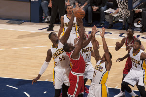 Roy Hibbert with one of his eight blocks on Friday night. Photo by Pacers Sports and Entertainment.