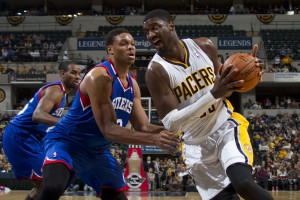 Roy Hibbert drives to the hoop. He scored a season-high 27 points Saturday night. Photo by Jeff Clark, Pacers Sports and Entertainment.