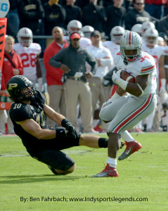 Ohio State's Carlos Hyde sheds Purdue's Sean Robinson much the way the Buckeyes have shed the competition this season.