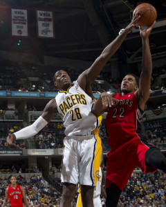Pacers center Ian Mahinmi (28) stuffs Toronto's Rudy Gay. Photo by Jeff Clark, Pacers Sports and Entertainment.