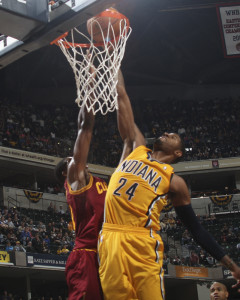 Paul George throws it down in an early-season game against Cleveland.  Photo by Jeff Clark, Pacers Sports and Entertainment.