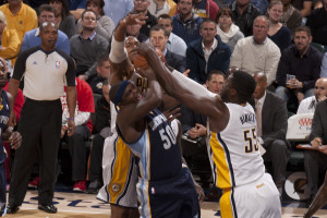 Memphis' Zach Randolph (50) is surrounded by numerous Pacers, including Roy Hibbert (55).
