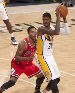 Chicago's Derrick Rose guards Indiana's Paul George earlier this season. Photo by Frank McGrath, Pacers Sports and Entertainment.