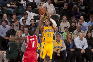 Pacers forward Danny Granger shoots against Houston. Photo by Frank McGrath, Pacers Sports and Entertainment.