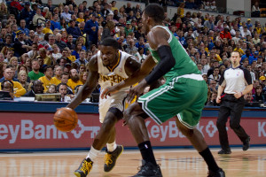 Lance Stephenson (1) drives to the basket. He had a triple-double against Boston. Photo by Jeff Clark, Pacers Sports and Entertainment,