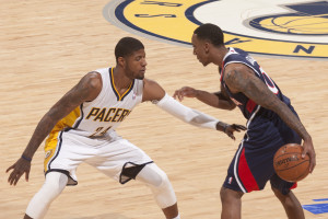 Indiana's Paul George guards Atlanta's Jeff Teague during Game 2. Photo by Frank McGrath. Pacers Sports and Entertainment.