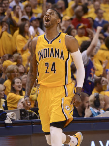 Paul George celebrates during Indiana's Game 7 win against Atlanta. By Pacers Sports and Entertainment.