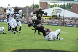 Raheem Mostert (8) dives across the goal line. Photo by Ben Fahrbach.