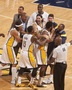 The Pacers react after Solomon Hill's game-winner.  (Photo by Pacers Sports and Entertainment)