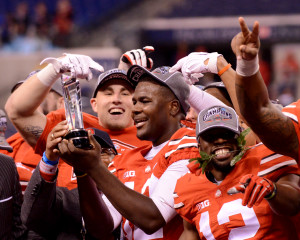 Ohio State's Cardale Jones with the Player of the Game trophy. Photo by Ben Fahrbach.