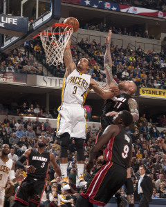 George Hill slams home a highlight reel dunk in the win over Miami. (Photo by Pacers Sports and Entertainment)