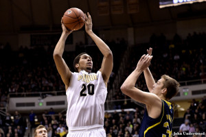 Purdue big man A.J. Hammons shoots against Michigan. Photo by Purdue Athletics.