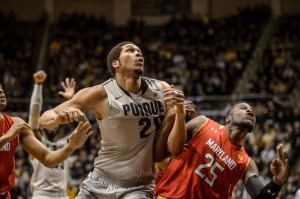 Purdue's A.J. Hammons fights for a rebound last season against Maryland. He did not play in the opener Friday night. Photo by Purdue Athletics.