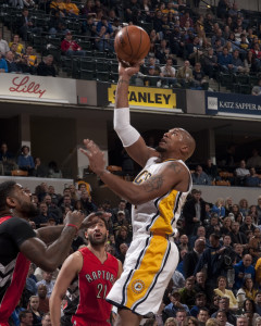 David West had 11 points, eight rebounds, and five assists in a loss to the Raptors. (Photo by Pacers Sports and Entertainment)