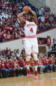 Sophomore Robert Johnson rises up for a shot. “Courtesy of IU Athletics/Mike Dickbernd.”  