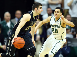 Purdue's Dakota Mathias drives to the hoop against Michigan State. Photo by Purdue Athletics.