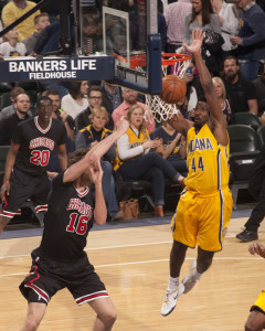 Solomon Hill blocks a shot on a fast break. Hill scored 16 points in the Pacers win over Chicago. (Photo by Pacers Sports and Entertainment)