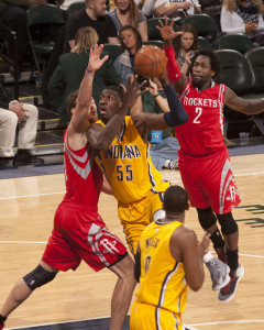 Roy Hibbert recorded a double-double with 18 points and 10 rebounds in the loss to Houston. (Photo by Pacers Sports and Entertainment)
