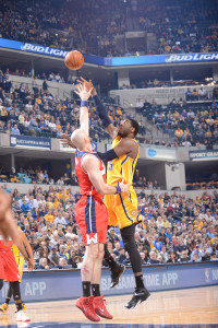 Roy Hibbert shoots over Marcin Gortat. Was it his final home game as a Pacer? (Photo by Pacers Sports and Entertainment)