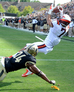 Virginia Tech's Bucky Hodges hauls one in for a touchdown as Frankie Williams defends. Photo by Ben Fahrbach.