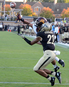 Purdue receiver Anthony Mahoungou is defended well. Photo by Ben Fahrbach.