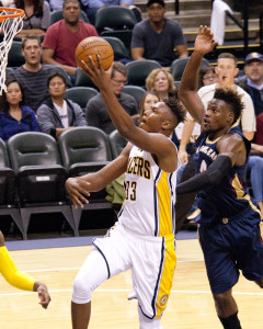 Myles Turner had a solid debut, with eight points and four rebounds in the Pacers loss. (Photo by Pacers Sports and Entertainment)