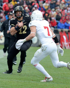 Purdue's Appleby takes off as Indiana's Ben Back pursues. Photo by Ben Fahrbach.