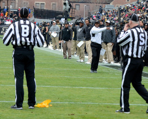 Purdue coach Darrell Hazell argues with officials. Photo by Ben Fahrbach.