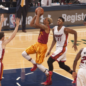 George Hill looks to score as the Pacers wore the famous Hickory uniforms on Friday night. (Photo by Pacers Sports and Entertainment)