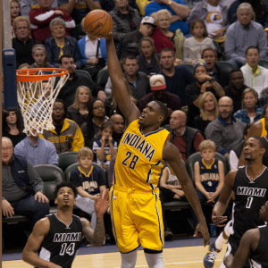 Ian Mahinmi had 18 points and 12 rebounds in the Pacers victory over the Heat.  (Photo by Pacers Sports and Entertainment)