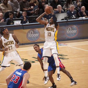 Paul George scored 21 straight points in the 4th quarter in a win over Detroit.  (Photo by Pacers Sports and Entertainment)