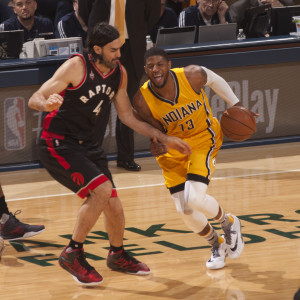 Paul George drives on former teammate Luis Scola in Game 3. (Photo by Pacers Sports and Entertainment)