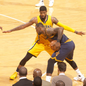 LeBron James is guarded by Paul George in Game 3. (Photo by Pacers Sports and Entertainment)