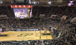 Isaac Haas posts up before kicking the ball to Carsen Edwards for a three. Edwards missed the attempt. -photo by Keith Carrell